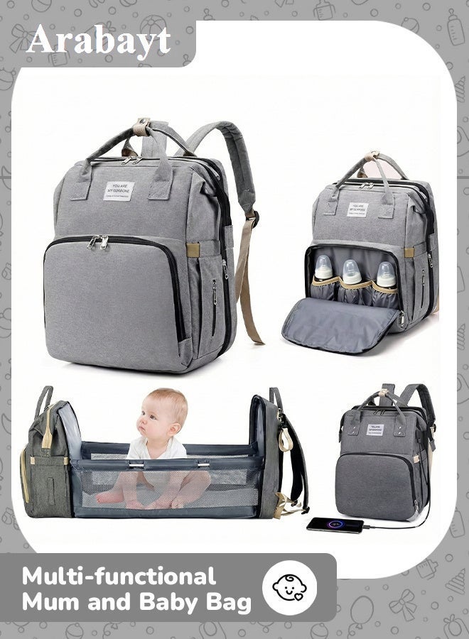 أرابايت حقيبة أطفال، حقيبة ظهر للحفاضات، حقيبة مومياء محمولة متعددة الوظائف مع USB، مقاومة للماء، سرير أطفال قابل للطي مع حامل أطفال، مظلة شمس، وسادة حفاضات، حقيبة حفاضات أطفال للسفر - Image 1